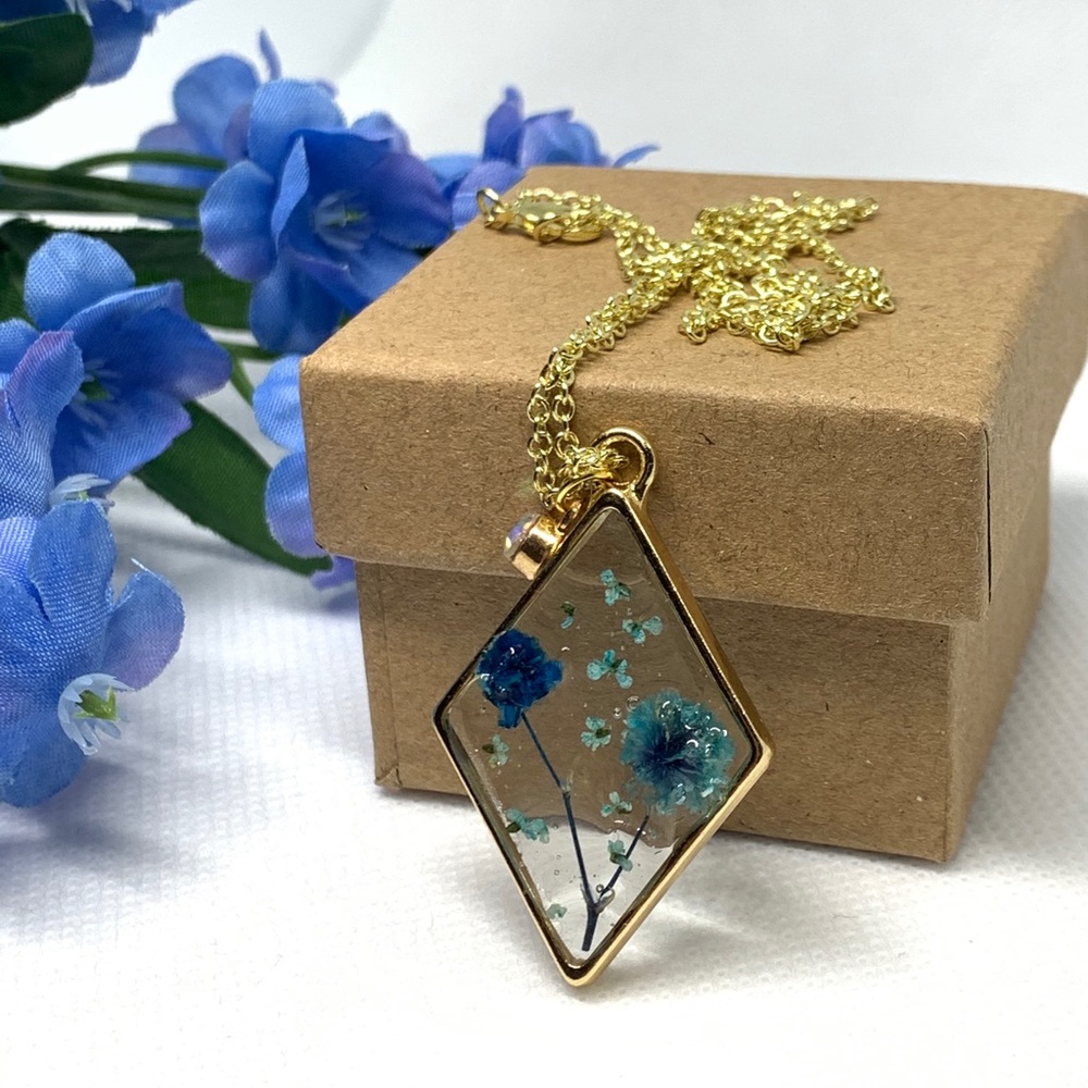 Blue Lagoon Handmade Pressed Flowers Necklace